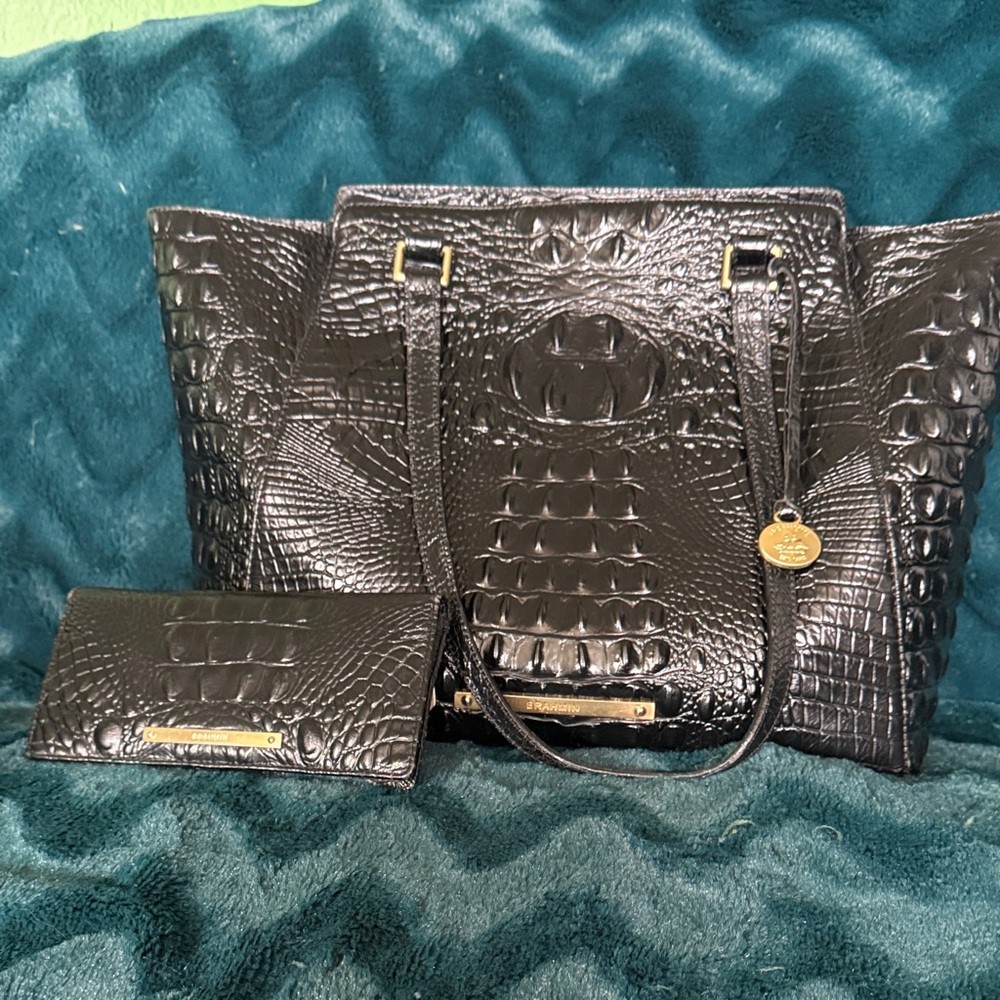 Brahmin Black Crocodile-Embossed Tote and Wallet